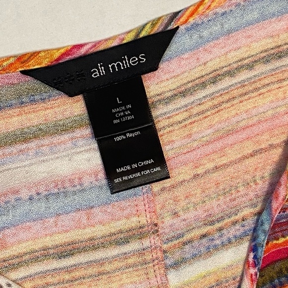 Ali Miles Colorful Striped Tie-Up Front Top Womens L Wide Dolman Sleeve V-Neck - Picture 3 of 6
